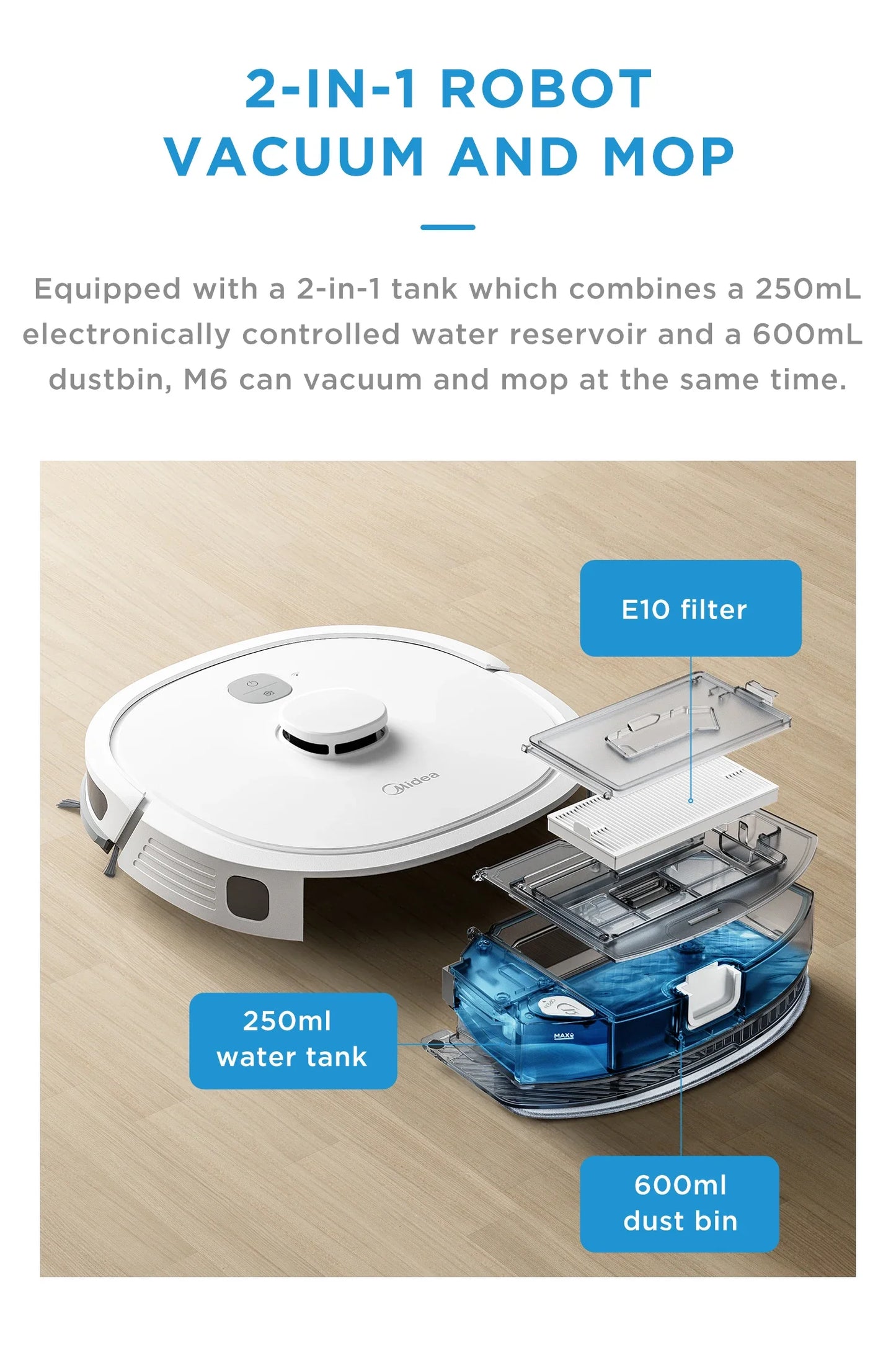 Midea M6 2-in-1 Robot Vacuum Cleaner and Mop Carpet Cleaner LiDAR Multi-Level Mapping Technology Powerful Suction