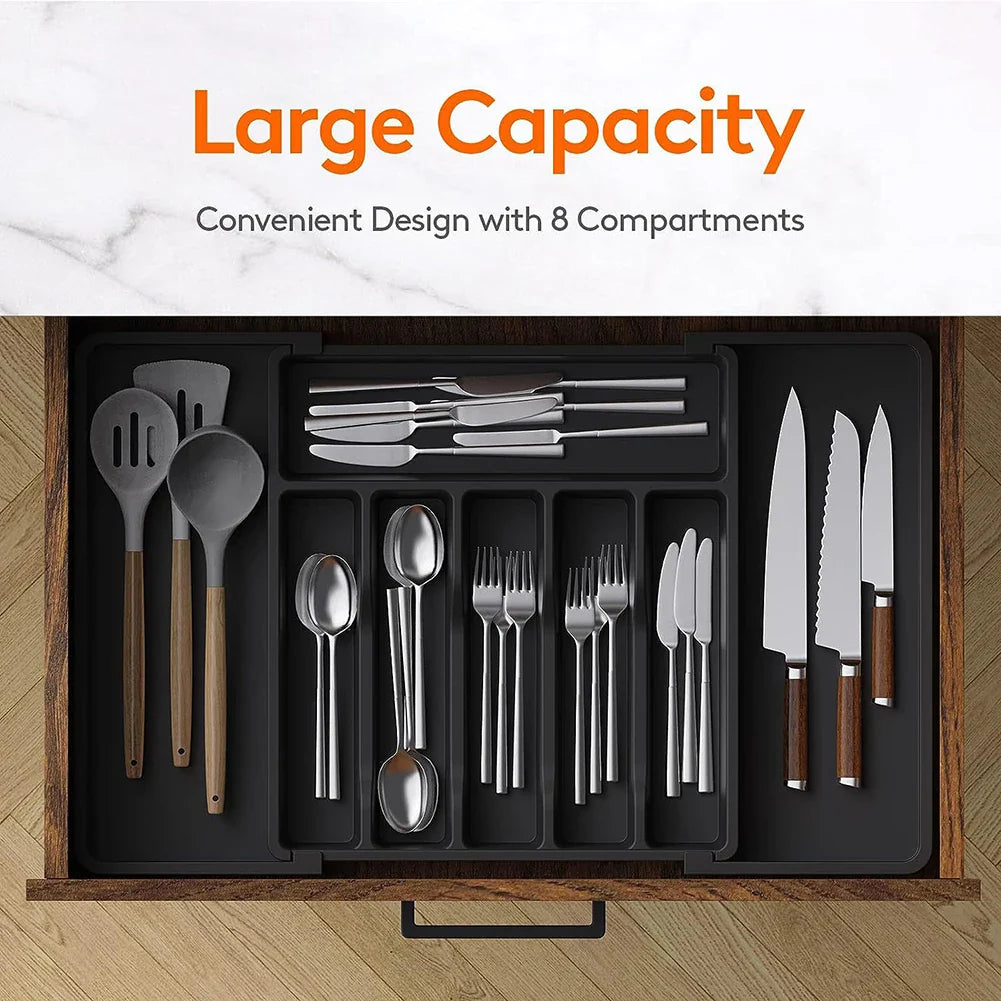 Adjustable Flatware Tableware Organizer Expandable Utensil Tray with Dividers Utensil Holder Storage Tray for Spoons Fork Knives