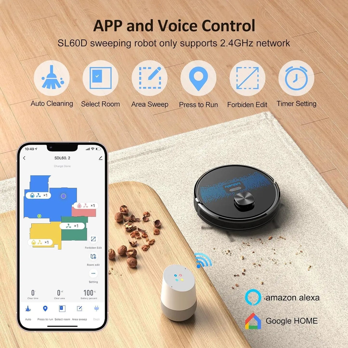 Lubluelu SL60D Robot Vacuum and Mop Combo - 4000Pa Suction, 150Mins Runtime, Quiet Operation, 10 No-Go Zones For Pet Hair Carpet