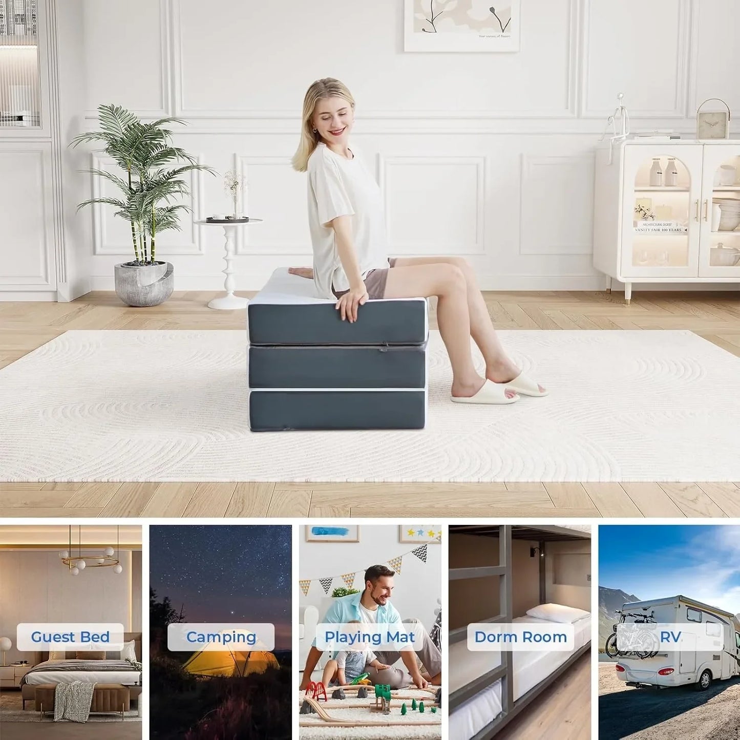 Folding Mattress with Storage Bag, 15CM Gel Memory Foam Foldable Mattress Tri-fold for Travel, Camping, Guest Bed