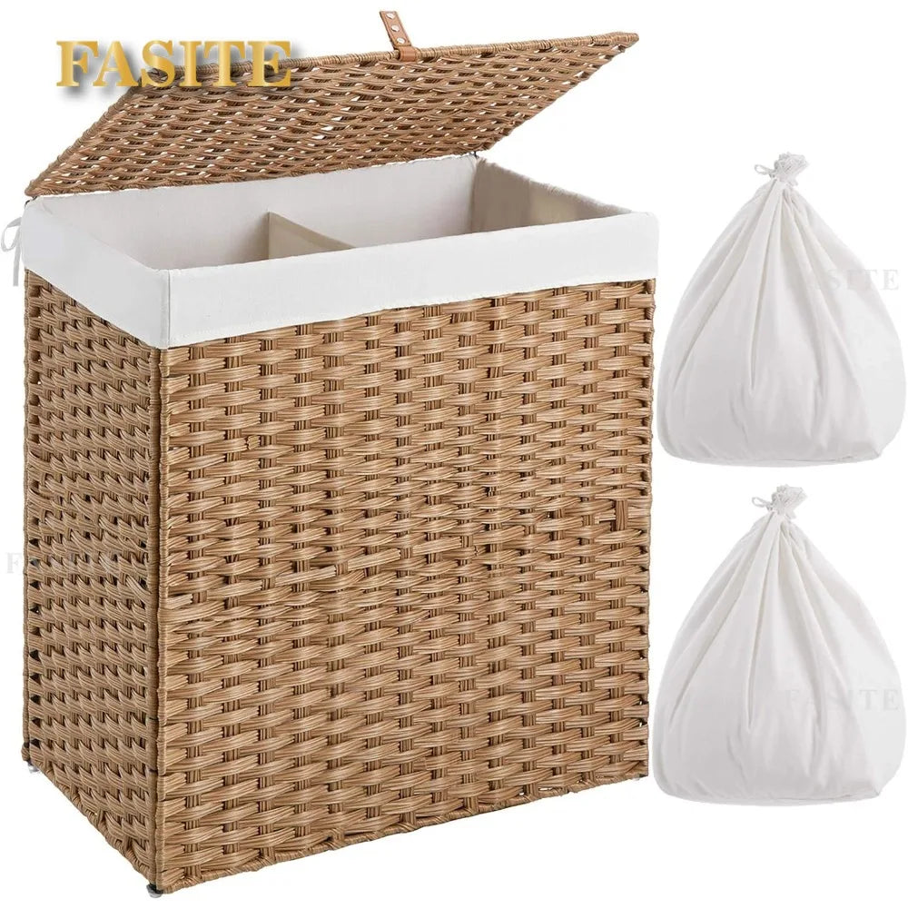 Greenstell Laundry Hamper with lid, No Install Needed, 110L Wicker Laundry Baskets Foldable 2 Removable Liner Bags, 2 Section