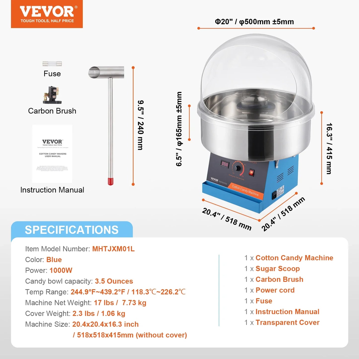 VEVOR Electric Cotton Candy Machine 1000W Candy Floss Maker Commercial Cotton Candy Machine Stainless Steel Bowl and Sugar Scoop