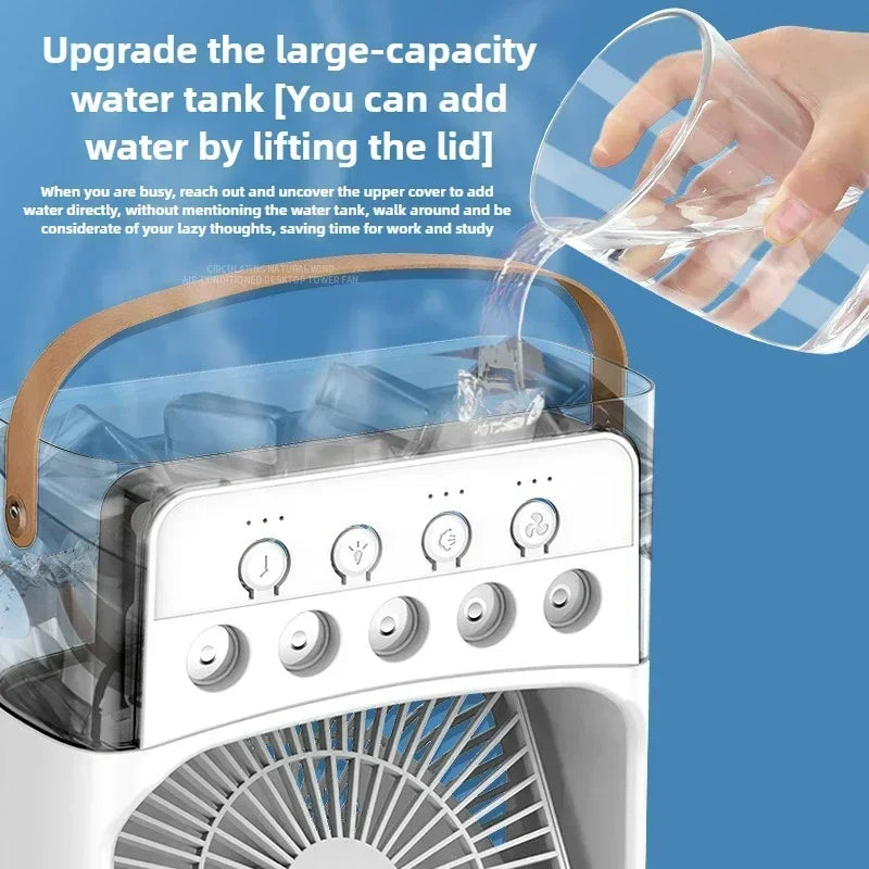 2025 New 3 in 1 Household Air Cooler Portable Small Fan with Humidifier and LED Nightlight Energy Saving