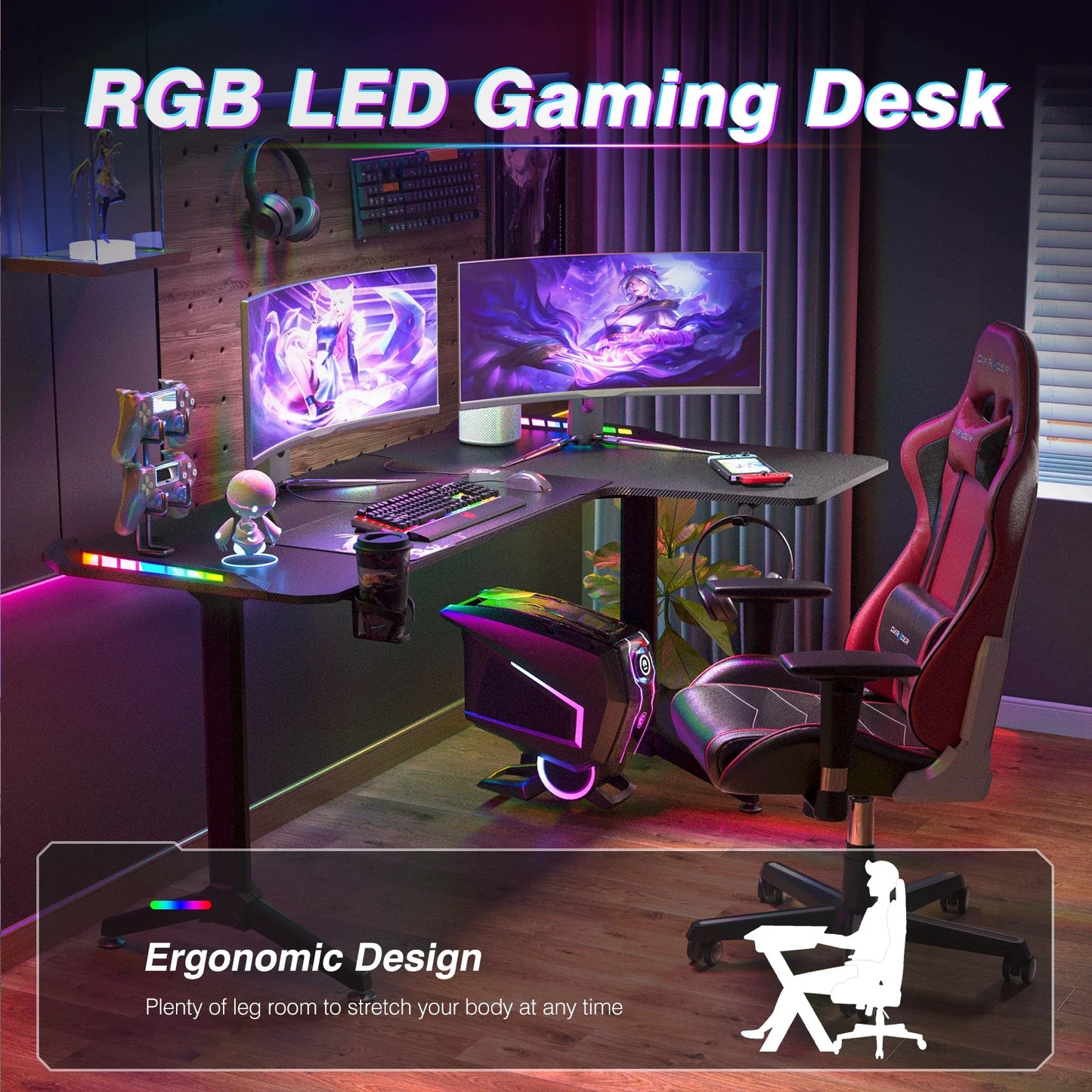 L Shape Corner Desk Game Table with 6 Colors RGB Light Headphone Hook and Cup Holder