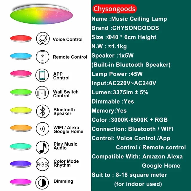 Modern LED Ceiling Lights Bluetooth Speaker Remote Control