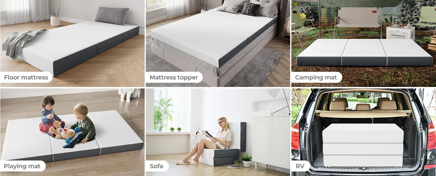 Folding Mattress with Storage Bag, 15CM Gel Memory Foam Foldable Mattress Tri-fold for Travel, Camping, Guest Bed