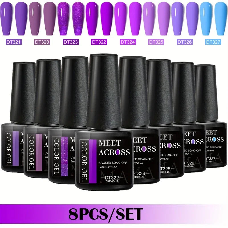 MEET ACROSS 8Pcs/Set Gel Nail Polish Set for All Season Neon Marcaron Green Red Series UV Gel Varnish Manicure Kit Nail Supplies