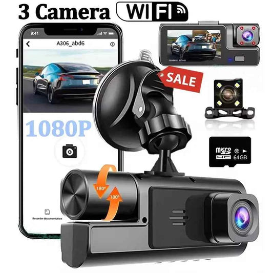 3 Lens Car Recorder with Memory Card Car Camera 1080P VCR WIFI Car DVR 2 Lens Front and Rear View Camera Night Vision Car Access