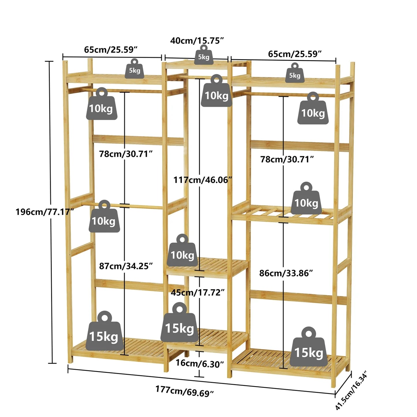 Extra Large Bamboo Clothes Stand Multytier Storage Shelves Clothes Hanging Rack with Hanging Rails for Cloakroom, Bedroom