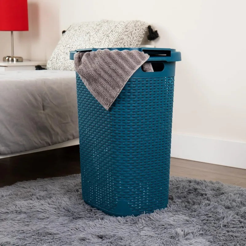 60L Slim Laundry Hamper, Clothes Basket, Lid, Wicker Design, Plastic