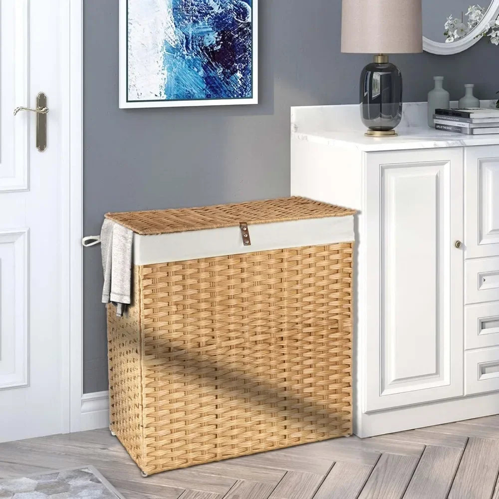 Greenstell Laundry Hamper with lid, No Install Needed, 110L Wicker Laundry Baskets Foldable 2 Removable Liner Bags, 2 Section