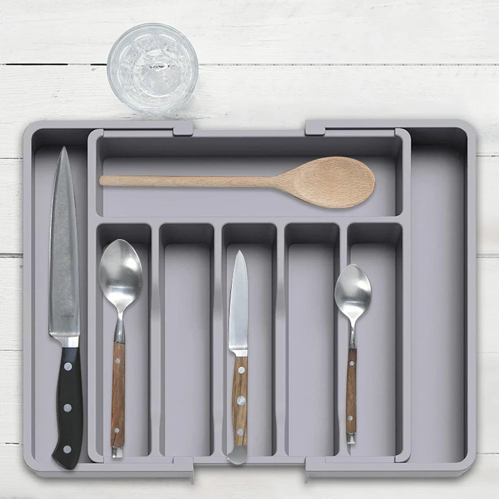 Adjustable Flatware Tableware Organizer Expandable Utensil Tray with Dividers Utensil Holder Storage Tray for Spoons Fork Knives