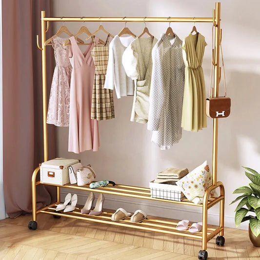 Aesthetic Golden Clothes Rack Metal Balcony Nordic Wheels Clothes Rack Floor Bedroom Burro Ropa Perchero Hallway Furniture
