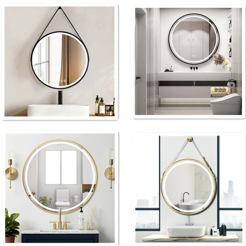 LUVODI Bathroom Light Mirror Round Black Gold Frame Bathroom Dimmable Fogless Mirror with Detachable Rope
