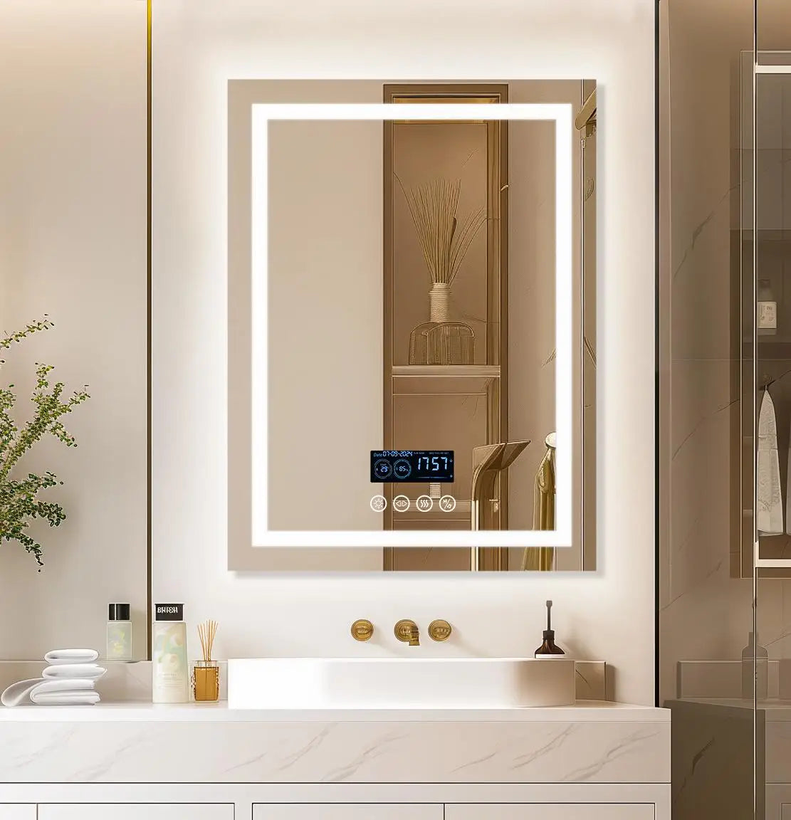 Square LED Bathroom Mirror with Bluetooth Speaker, Smart Wall Vanity Mirror, Front-lit and Backlight, Touch Anti-fog