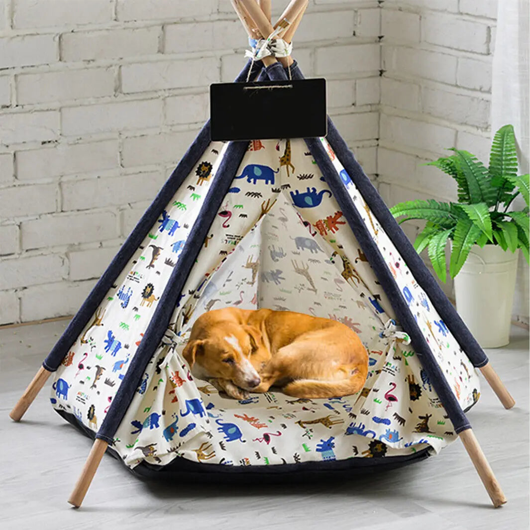 BingoPaw-Foldable Pet Tent with Cushion Pad, Cute Dog Bed House, Washable Cat Teepee, Playhouse Tents