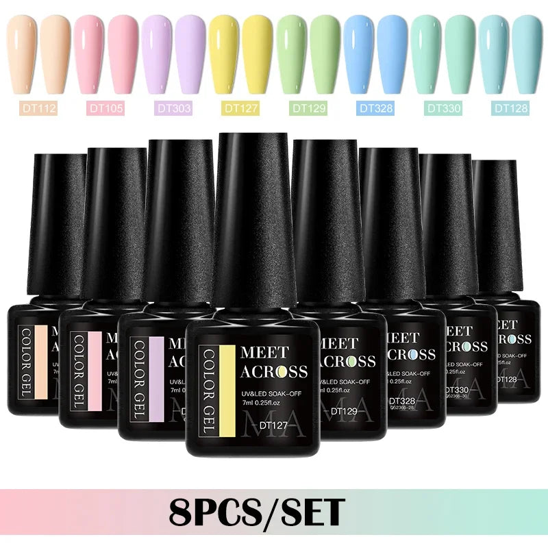 MEET ACROSS 8Pcs/Set Gel Nail Polish Set for All Season Neon Marcaron Green Red Series UV Gel Varnish Manicure Kit Nail Supplies