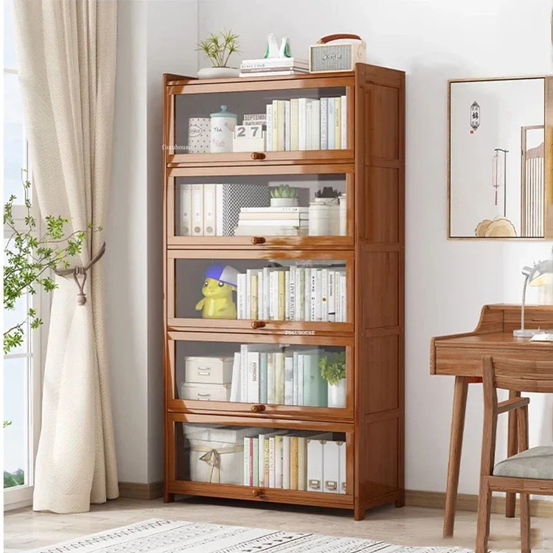 Japanese Home Furniture Bamboo Bookcases Organizer Multi-layer Storage Shelf Simple Retro Bookshelf With Door Modern Office Desk