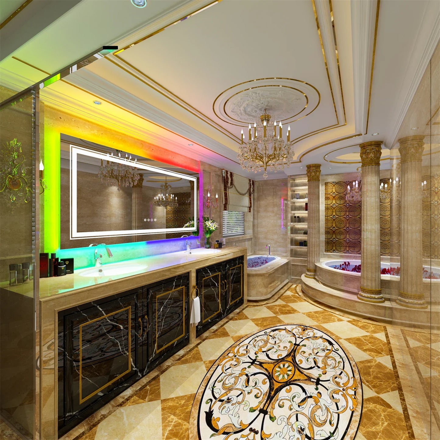 Large Full Size RGB LED Bathroom Mirror with Lights, Dimmable Wall Mirrors, Smart Anti-Fog, Vertical and Horizontal