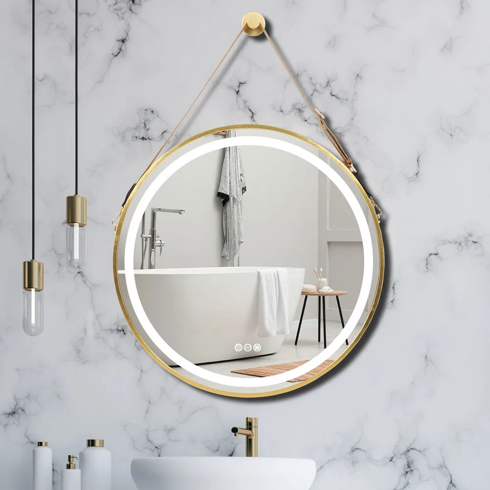 LUVODI Bathroom Light Mirror Round Black Gold Frame Bathroom Dimmable Fogless Mirror with Detachable Rope