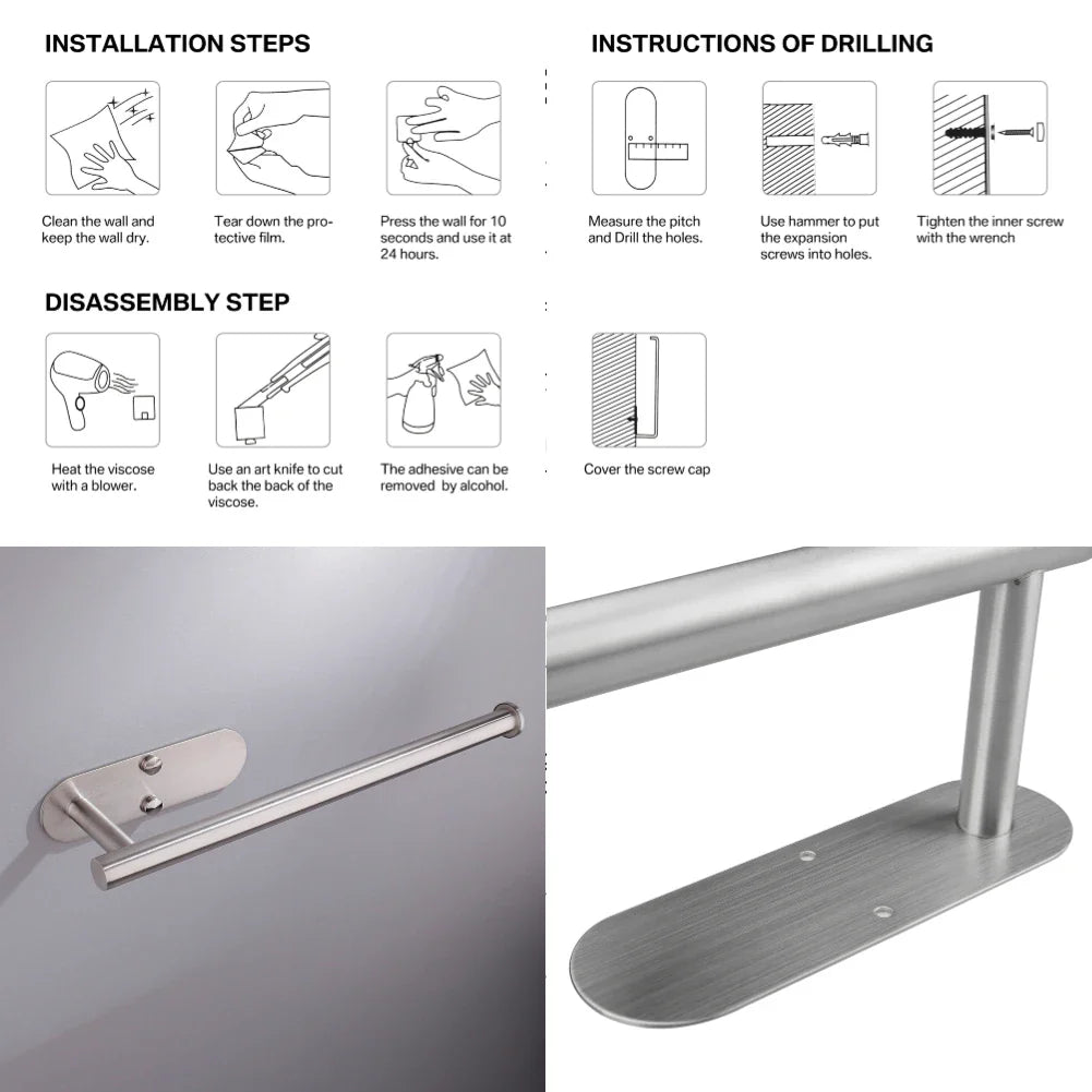 Adhesive Toilet Roll Paper Holder Organizer Wall Mount Storage Stand Kitchen Bathroom No Drill Tissue Towel Dispenser Stainless