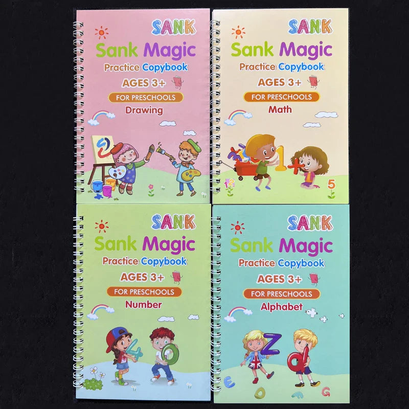 4pcs Sank Magic Practice Copybook Pen Preschools Kids Calligraphy English Verison Free Wiping Children Reusable Writing Book