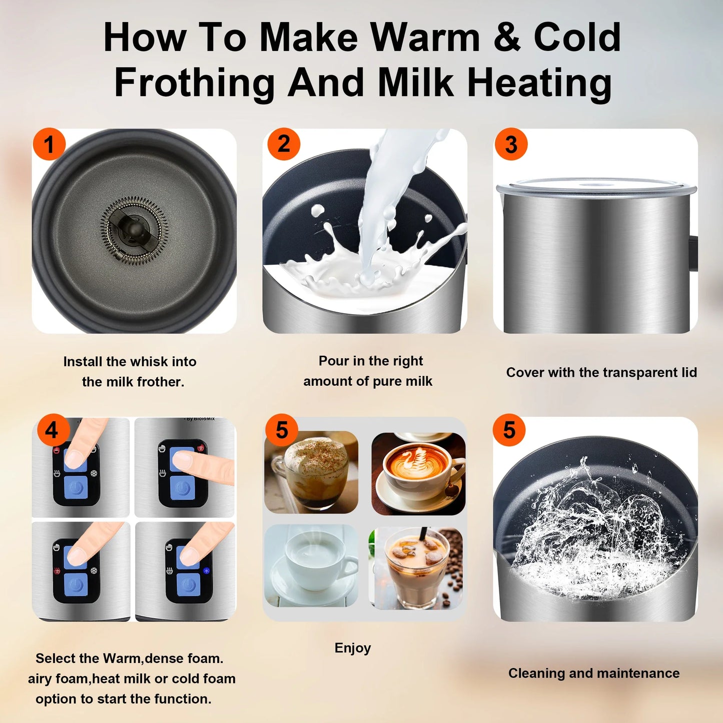 BioloMix Upgraded Stainless Steel 4 in 1 Milk Frother Frothing Foamer Automatic Milk Warmer Cold/Hot Latte Cappuccino Chocolate