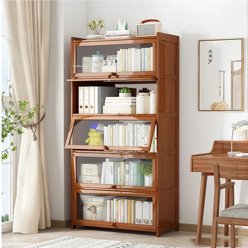 Japanese Home Furniture Bamboo Bookcases Organizer Multi-layer Storage Shelf Simple Retro Bookshelf With Door Modern Office Desk