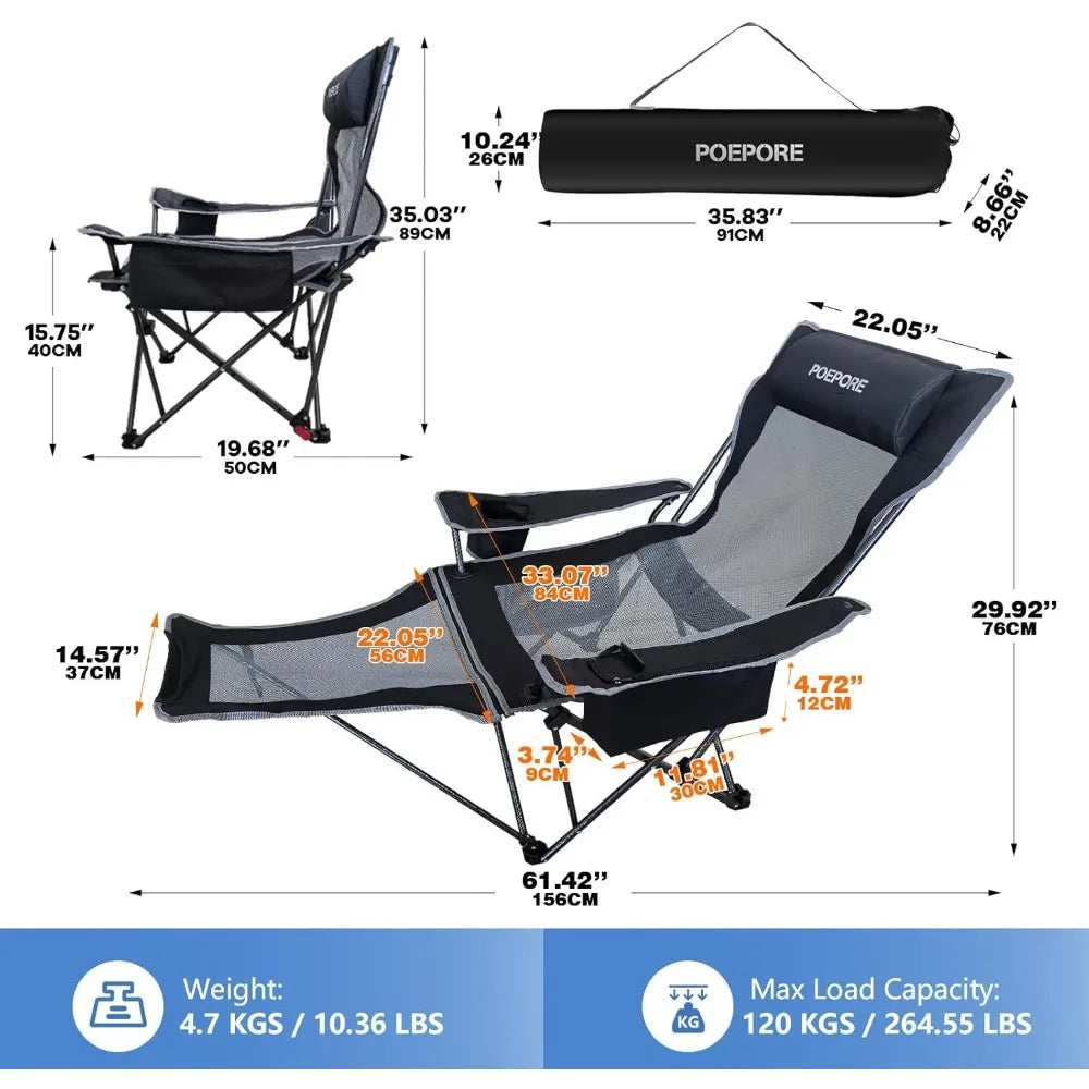 Set of 2 Reclining Camping Chair 4 Adjustments with Foot Rest Comfortable for Adults 120kg Folding Recliner Beach Chair