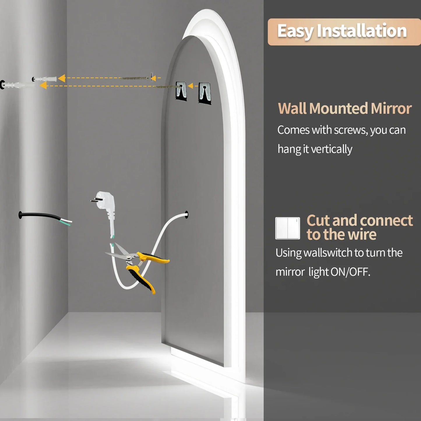 60x90CM Vertical Arch-Shape LED Bathroom Mirror Backlit Frameless Lighted Antifog Mirror Time Temperature Display