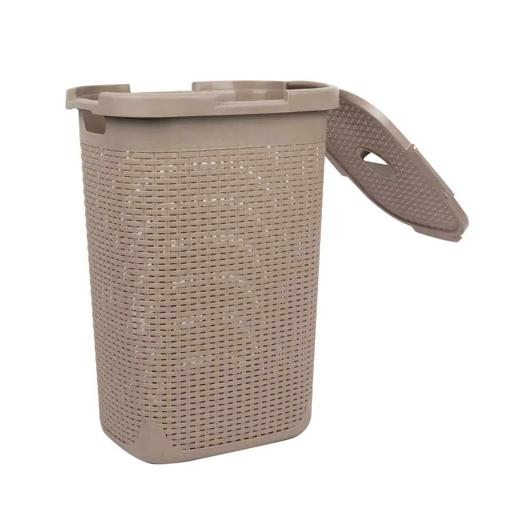60 Liter Laundry Basket with Cutout Handles & Lid, Brown Metallic,10.10 X 14.25 X 24.00 Inches
