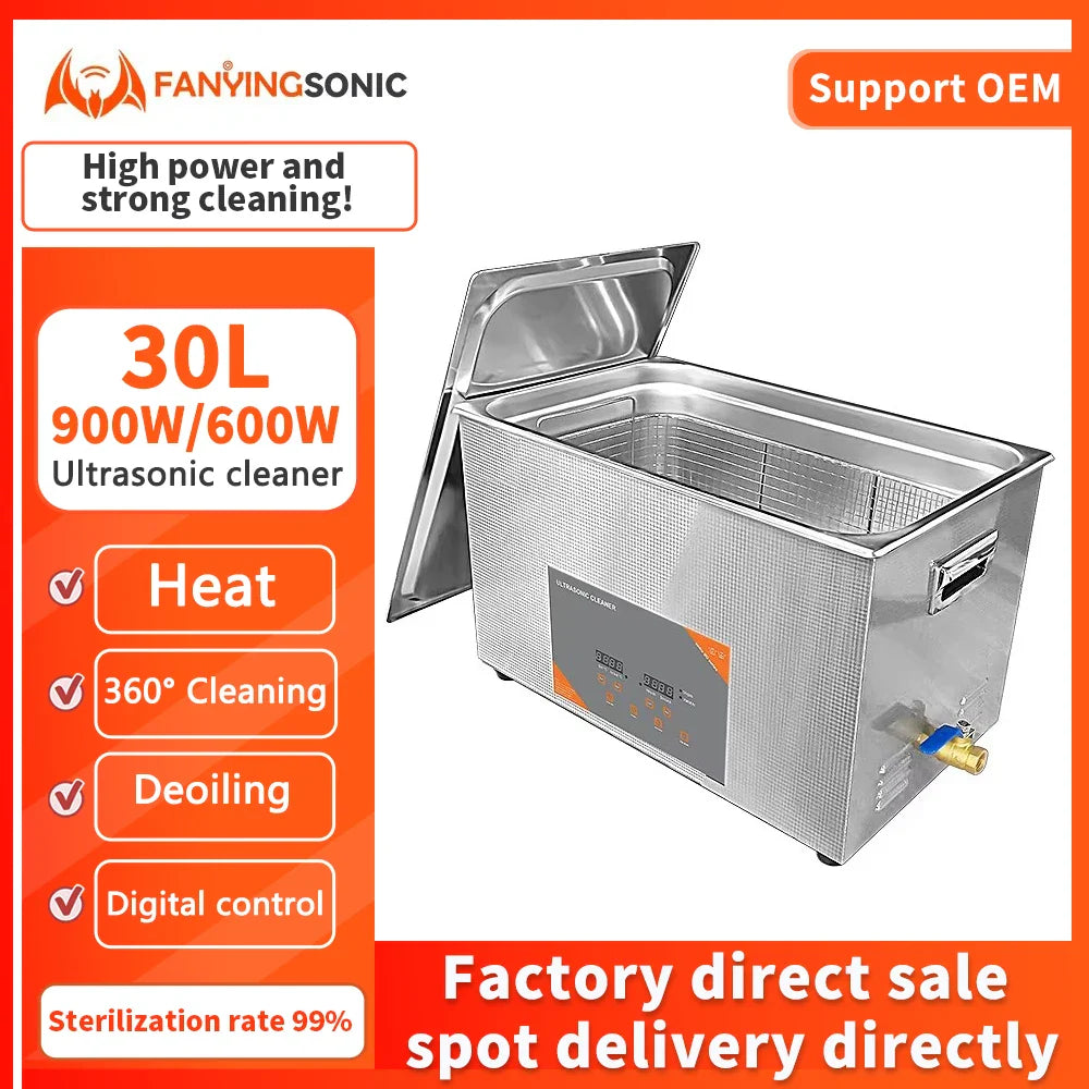 FanYing 30L 900W 600W Digital Ultrasonic Cleaner Heating Timer Ultrasonic Bath Laboratory Automotive Engine Large-Scale Cleaning