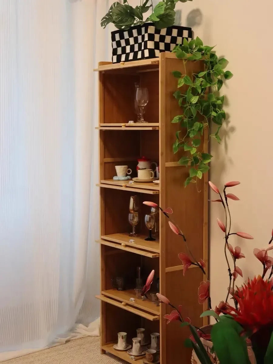 Japanese Home Furniture Bamboo Bookcases Organizer Multi-layer Storage Shelf Simple Retro Bookshelf With Door Modern Office Desk