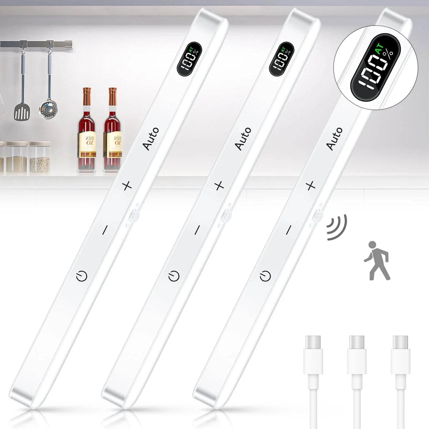 Motion Sensor Cabinet Light Battery Display 60 LED Touch Light Bar Wireless Rechargeable