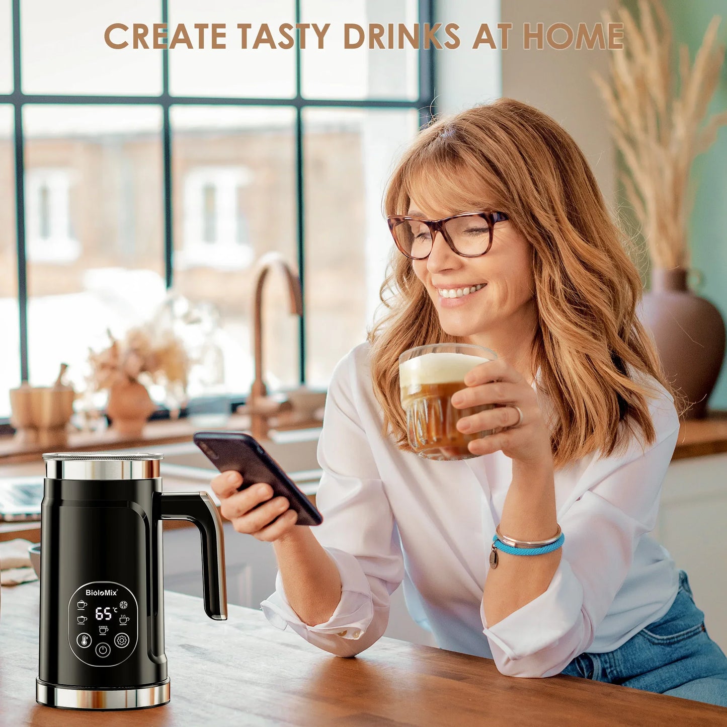 BioloMix Upgraded 5-in-1 LED Touch Screen Milk Frother for Lattes & Coffee, Hot And Cold Foam Maker