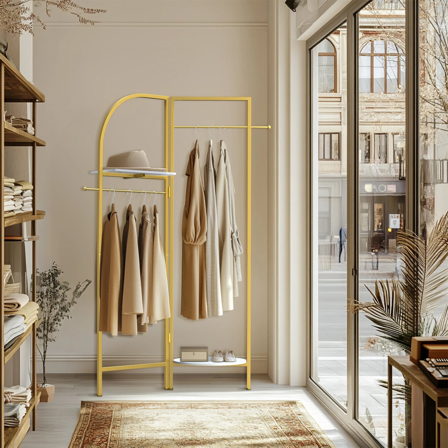 Adjustable Angle Gold Metal Coat Rack with Shelves and Hanging Rod Corner Clothes Stand for Home Clothes Organization