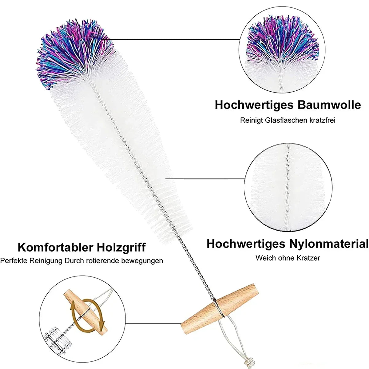 Bottle Brush for Soda Glass Bottles, Gentle Scratch-Free Nylon Bristles, Baby Bottle Cleaner, Glass Carafe for Drinking Bottles