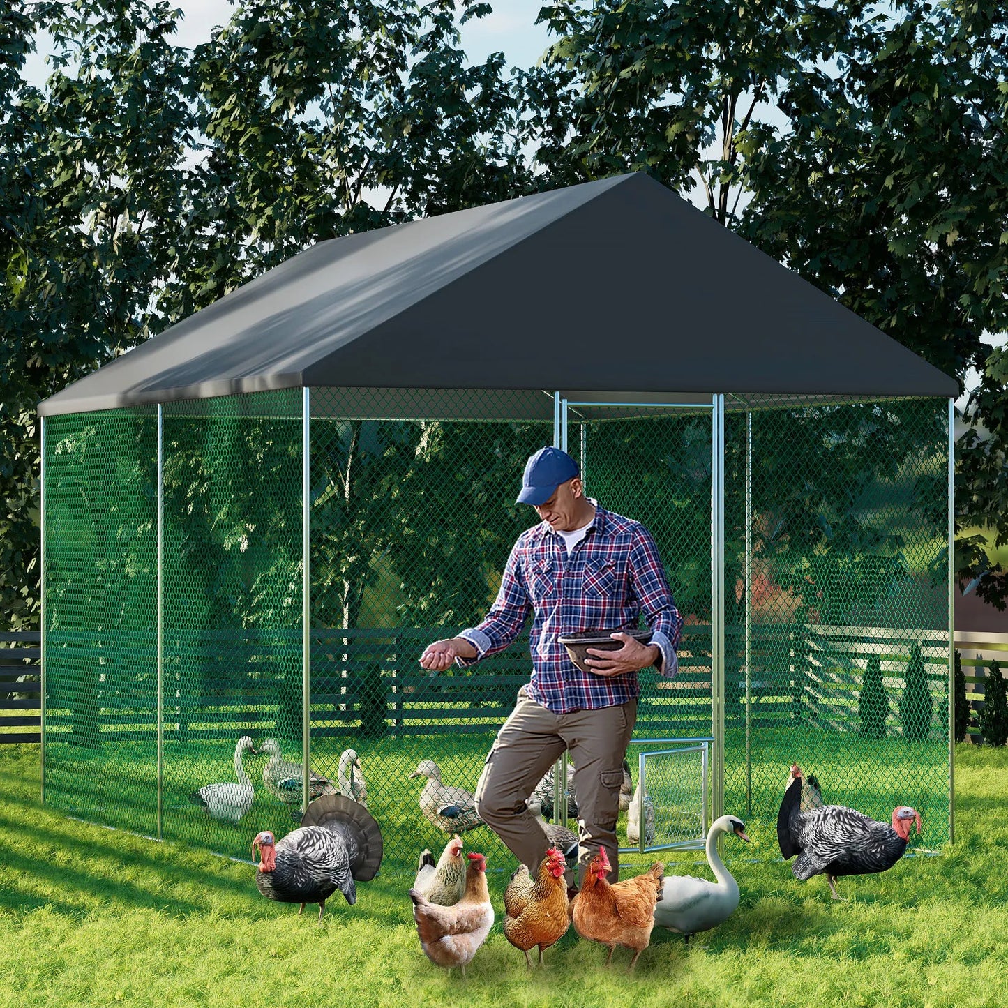 Jumbo Large Metal Chicken Coop Runs for Outdoor Yard, Walk in Chicken Cage, with Mesh and Waterproof Cover, Hen House