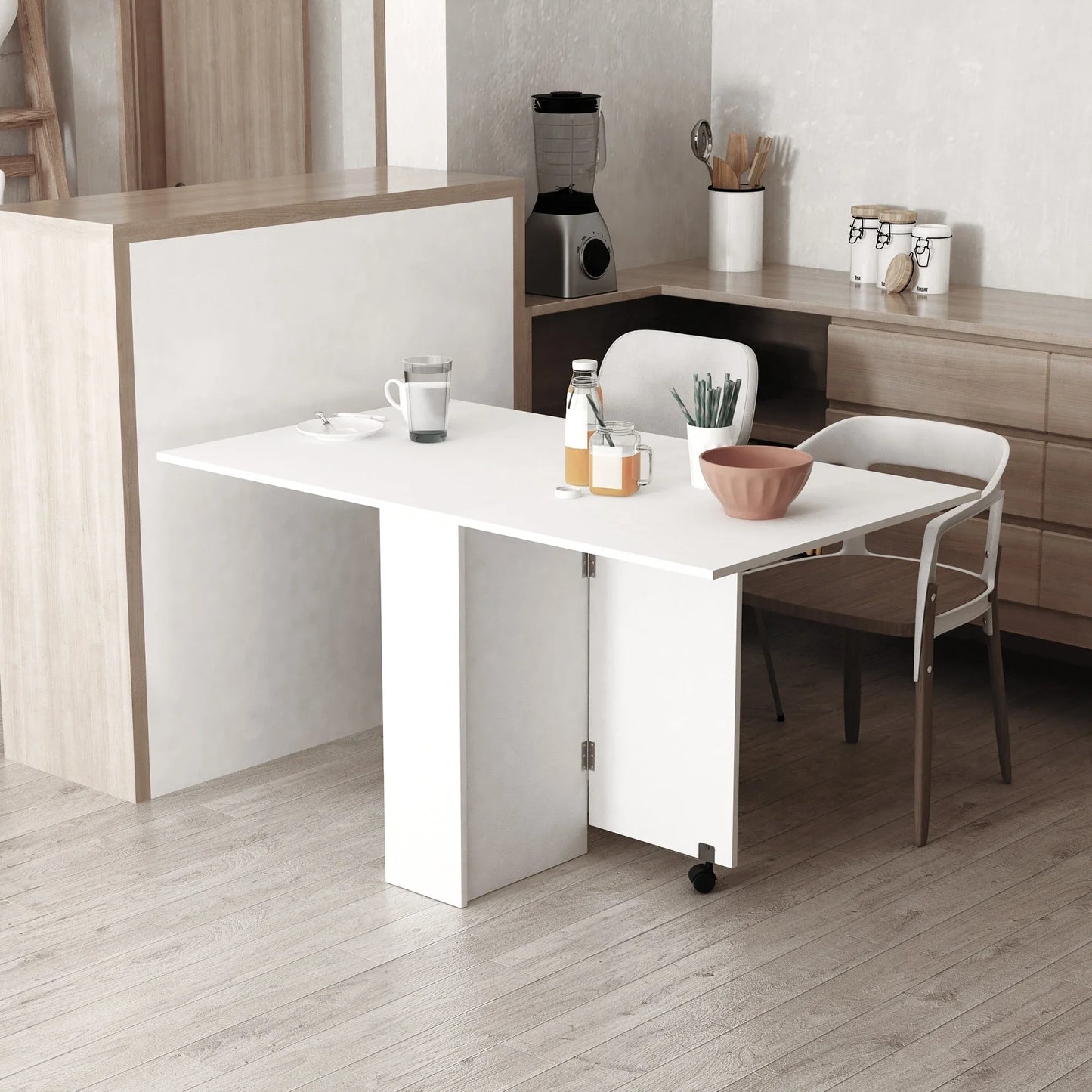 HOMCOM Mobile Drop Leaf Dining Table Folding Desk w/ 2 Wheels White