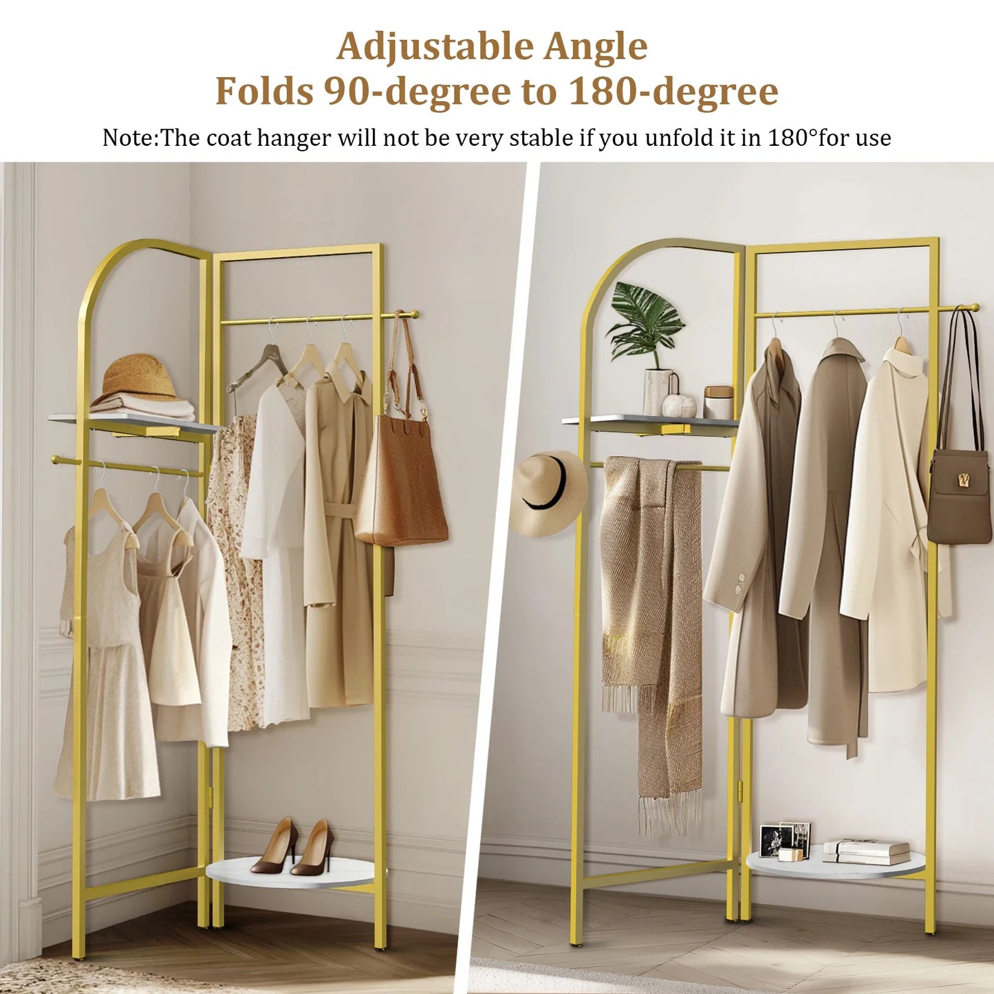 Adjustable Angle Gold Metal Coat Rack with Shelves and Hanging Rod Corner Clothes Stand for Home Clothes Organization