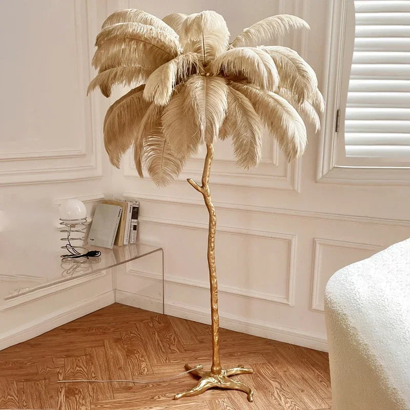 Ostrich Feather Led Floor Lamp Copper Resin Bedroom Bedside Standing Table Light