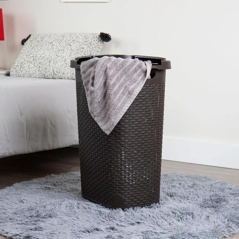 60L Slim Laundry Hamper, Clothes Basket, Lid, Wicker Design, Plastic