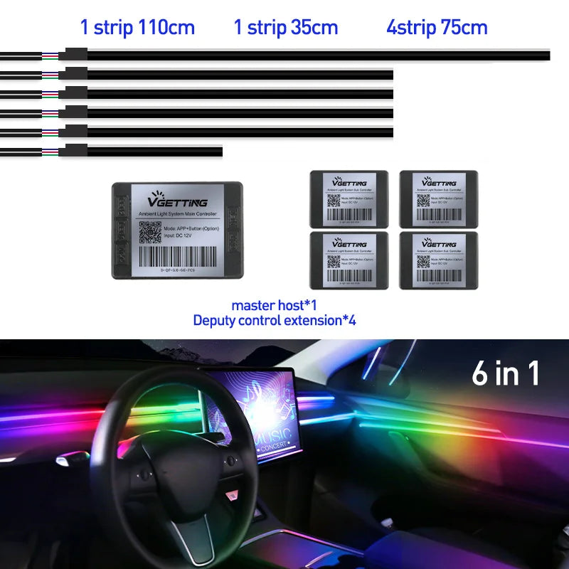 Full Color Streamer Car Ambient Lights RGB 64 Color Universal LED Interior