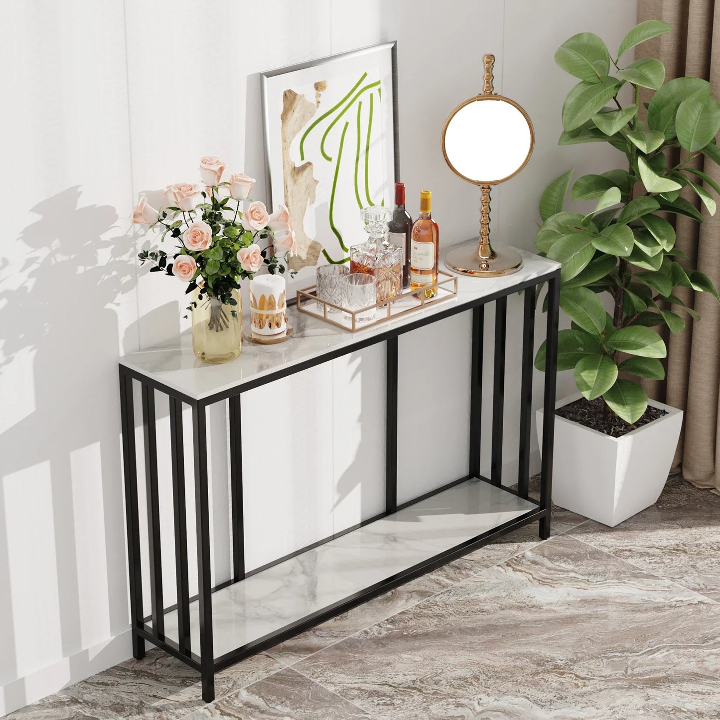 2-Tier White Marble Entryway Console Table Extra Long Foyer Buffet Couch Table Open Shelf
