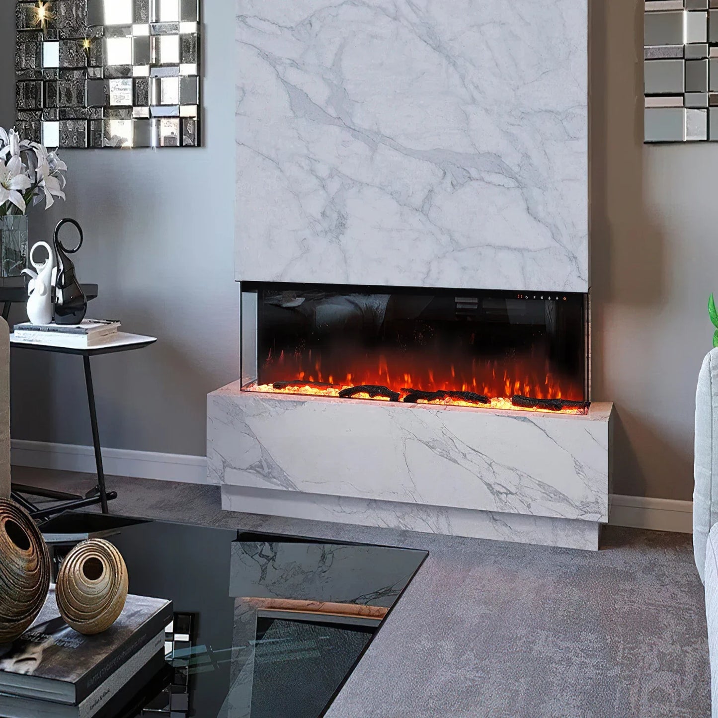 KOMORE  Recessed/Freestanding 3-sided Tempered Glass Front Electric Fireplace, 12 Flame Colors, 1500W 40&50 Inch