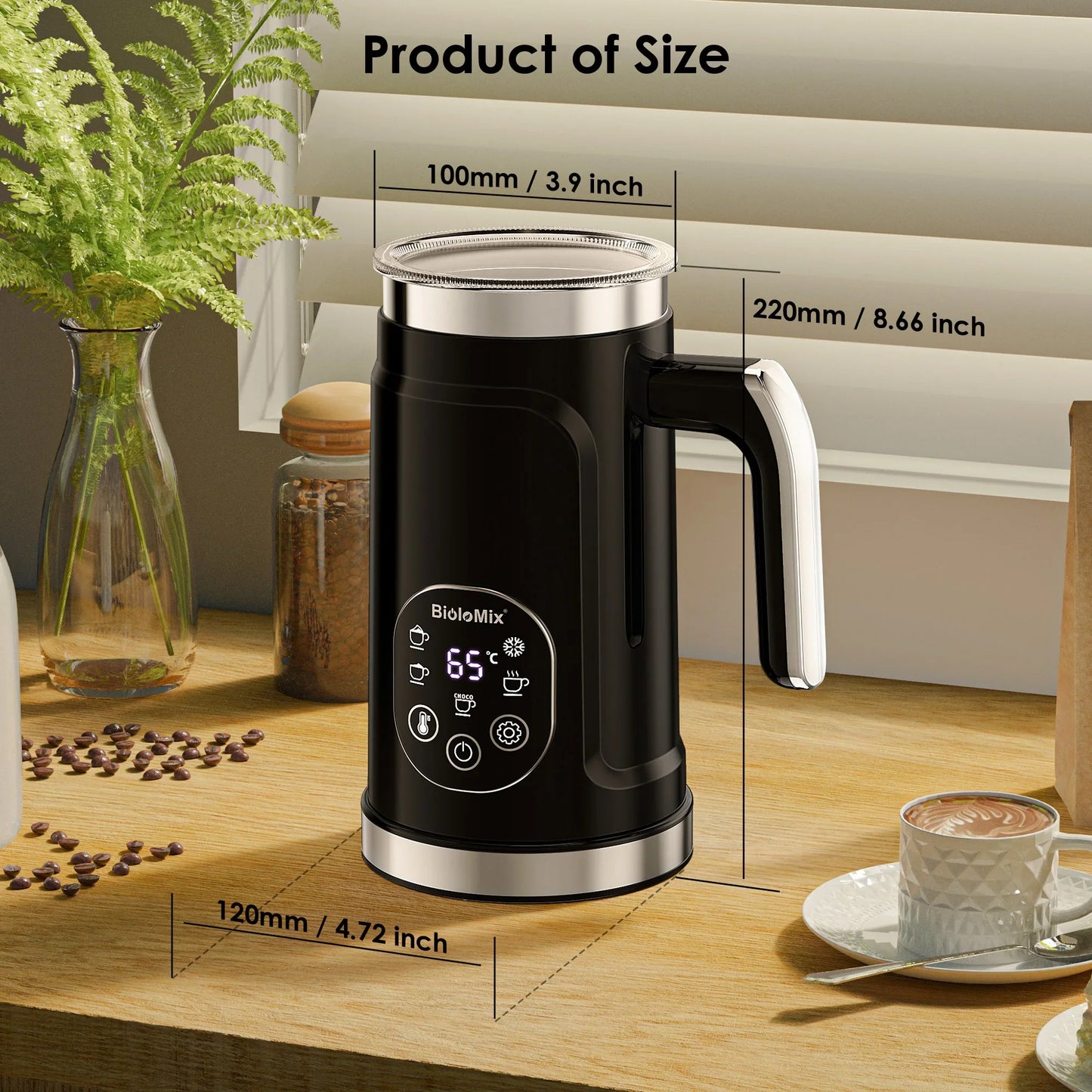 BioloMix Upgraded 5-in-1 LED Touch Screen Milk Frother for Lattes & Coffee, Hot And Cold Foam Maker