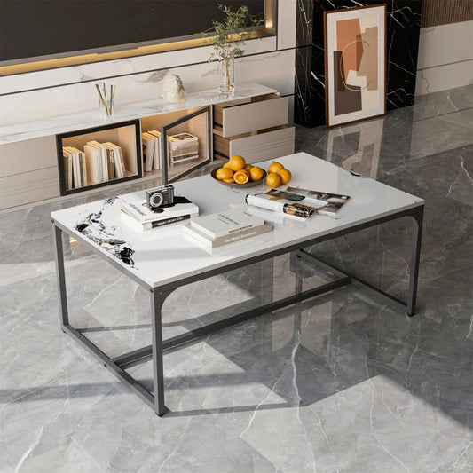 Ink Painting Texture Rectangular Coffee Table Modern Chic Sofa Side Sintered Stone-top Center Table Aluminum Frame