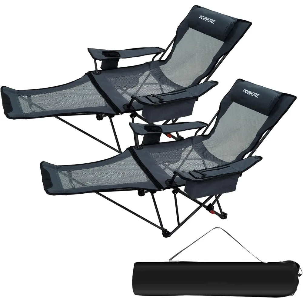 Set of 2 Reclining Camping Chair 4 Adjustments with Foot Rest Comfortable for Adults 120kg Folding Recliner Beach Chair