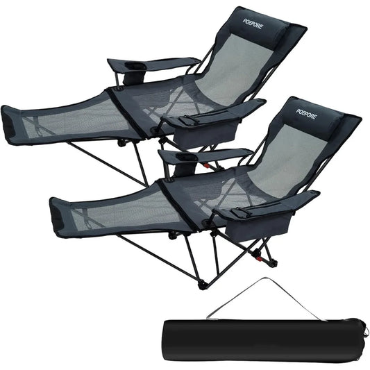 Set of 2 Reclining Camping Chair 4 Adjustments with Foot Rest Comfortable for Adults 120kg Folding Recliner Beach Chair