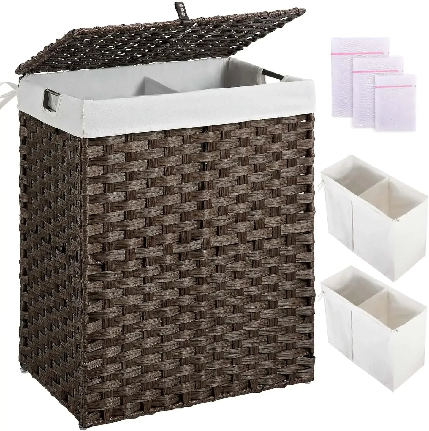 Greenstell Laundry Hamper with lid, No Install Needed, 110L Wicker Laundry Baskets Foldable 2 Removable Liner Bags, 2 Section